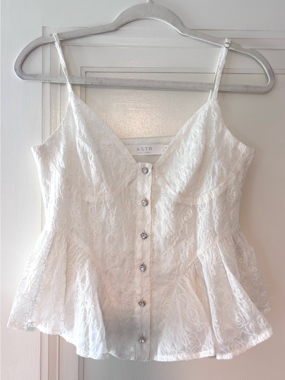 ASTR The Label - Emmy Top in White - Floral Lace Peplum Cami with Button Front